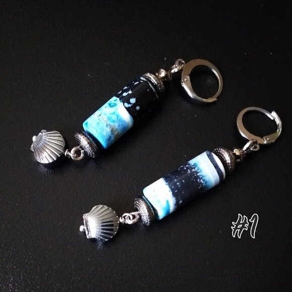 SURF'S UP! One-of-a-kind! Blue & Gray Agate + Hematite Shell Beaded Earrings - Picture 3 of 9